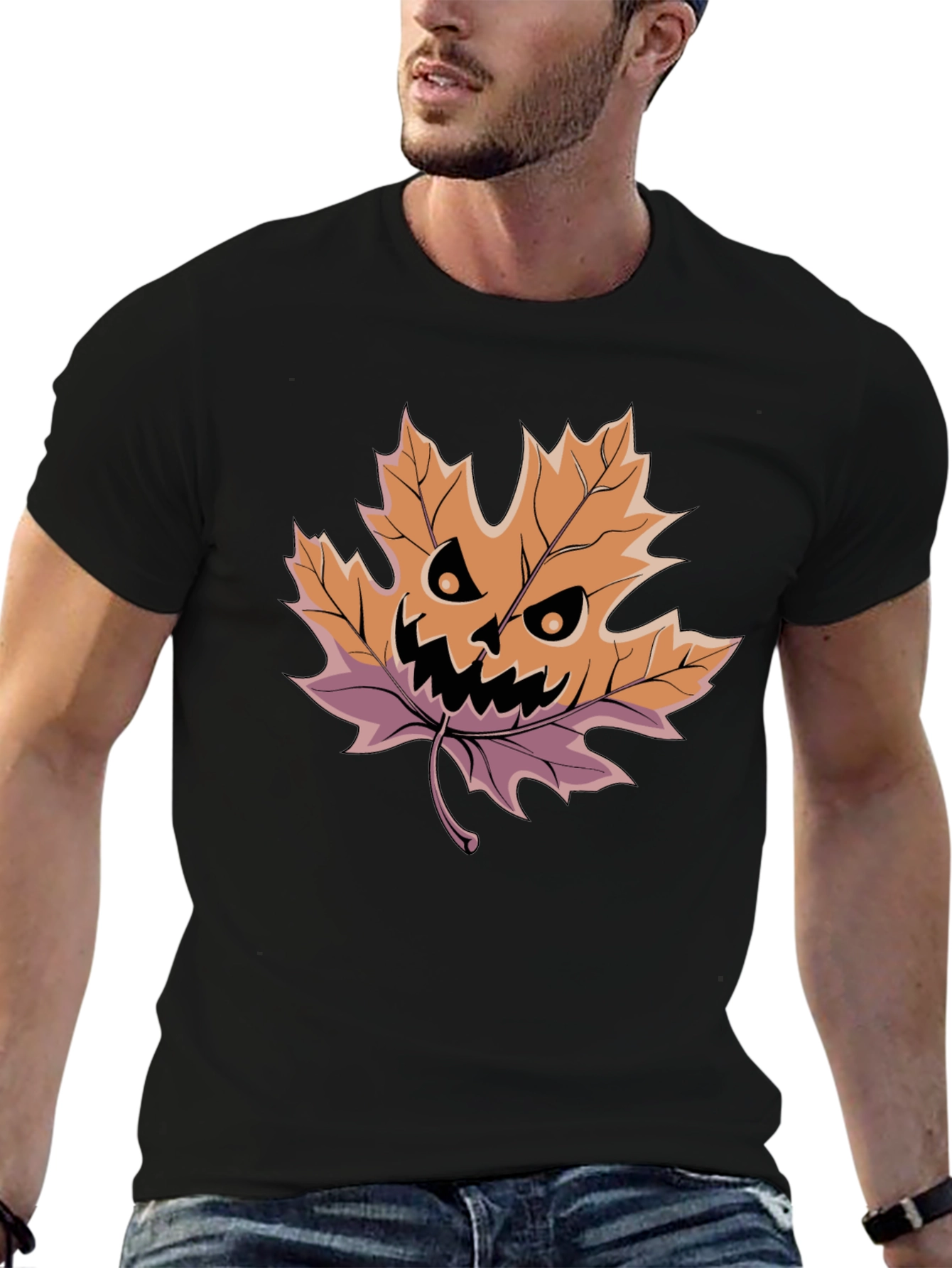 Halloween Leaf Pumpkin T-Shirt - Spooky Season Style