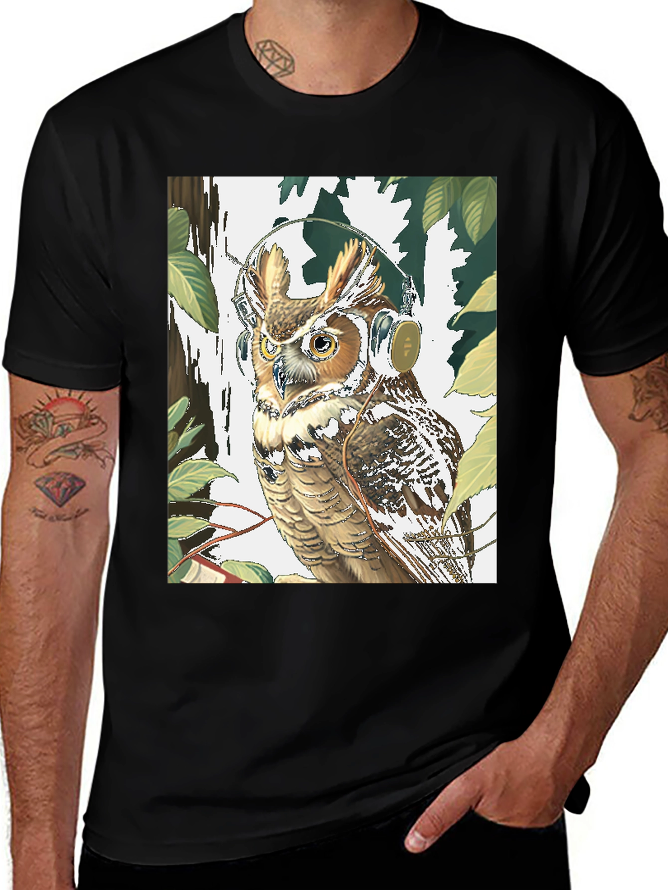 Owl With Headphones Graphic Tee