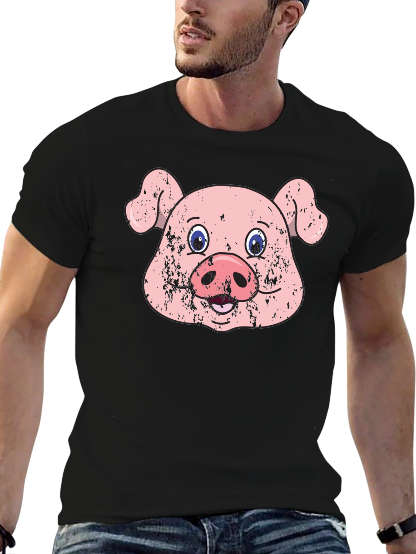 Funny Pig Face Graphic Print Black T-Shirt