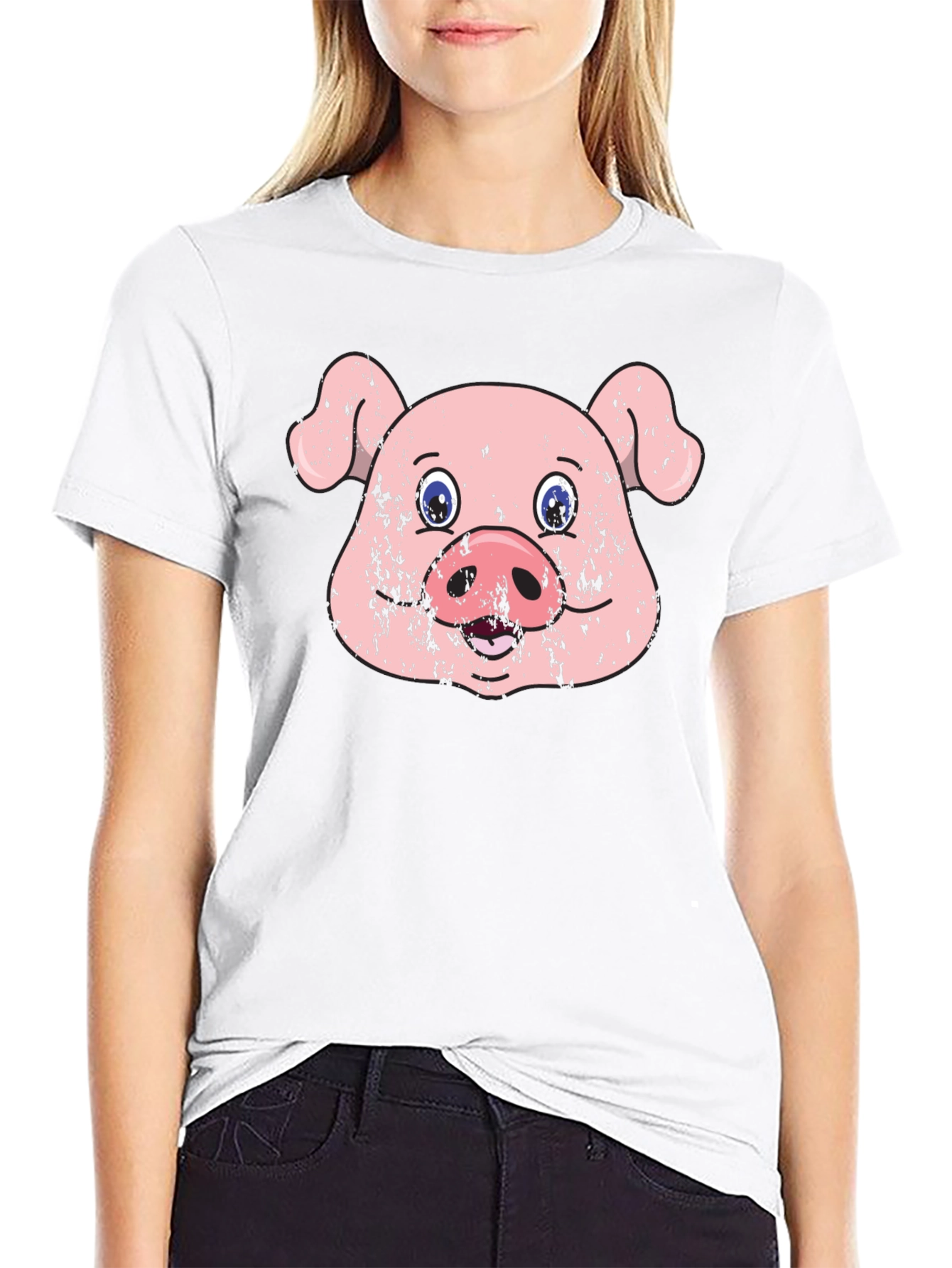 Funny Pig Face Graphic Print Black T-Shirt