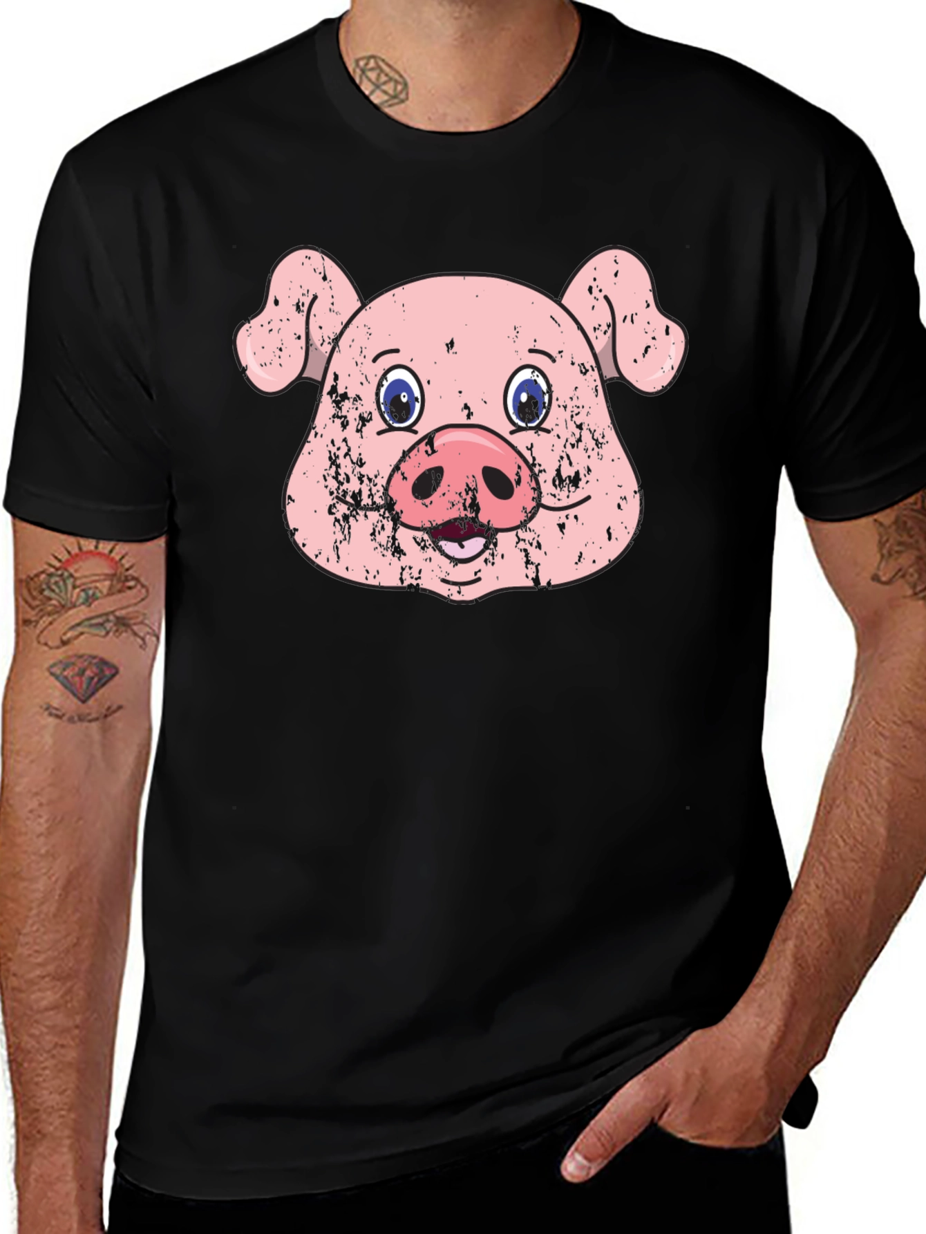 Funny Pig Face Graphic Print Black T-Shirt