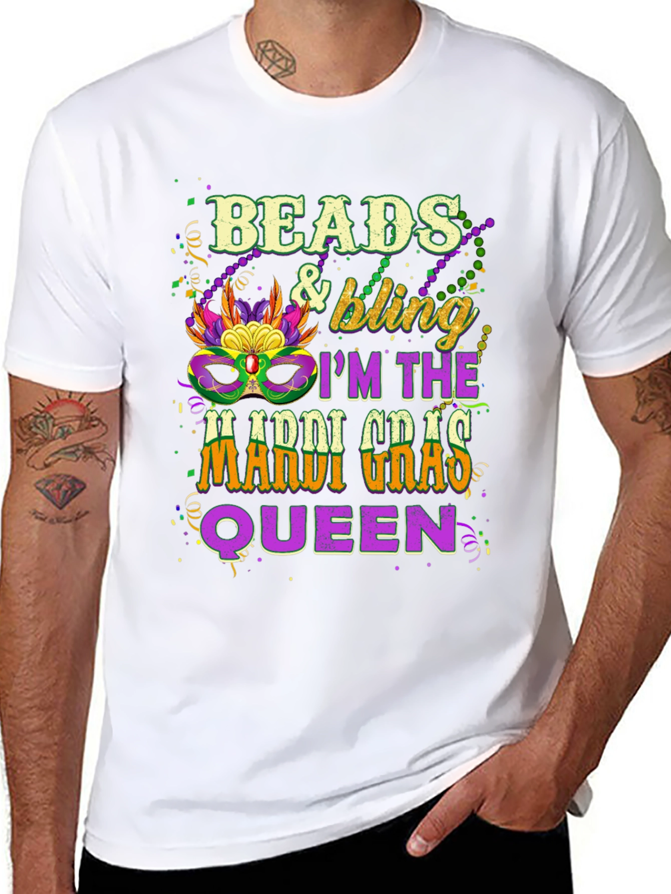 Beads & Bling Mardi Gras Queen Black T-Shirt