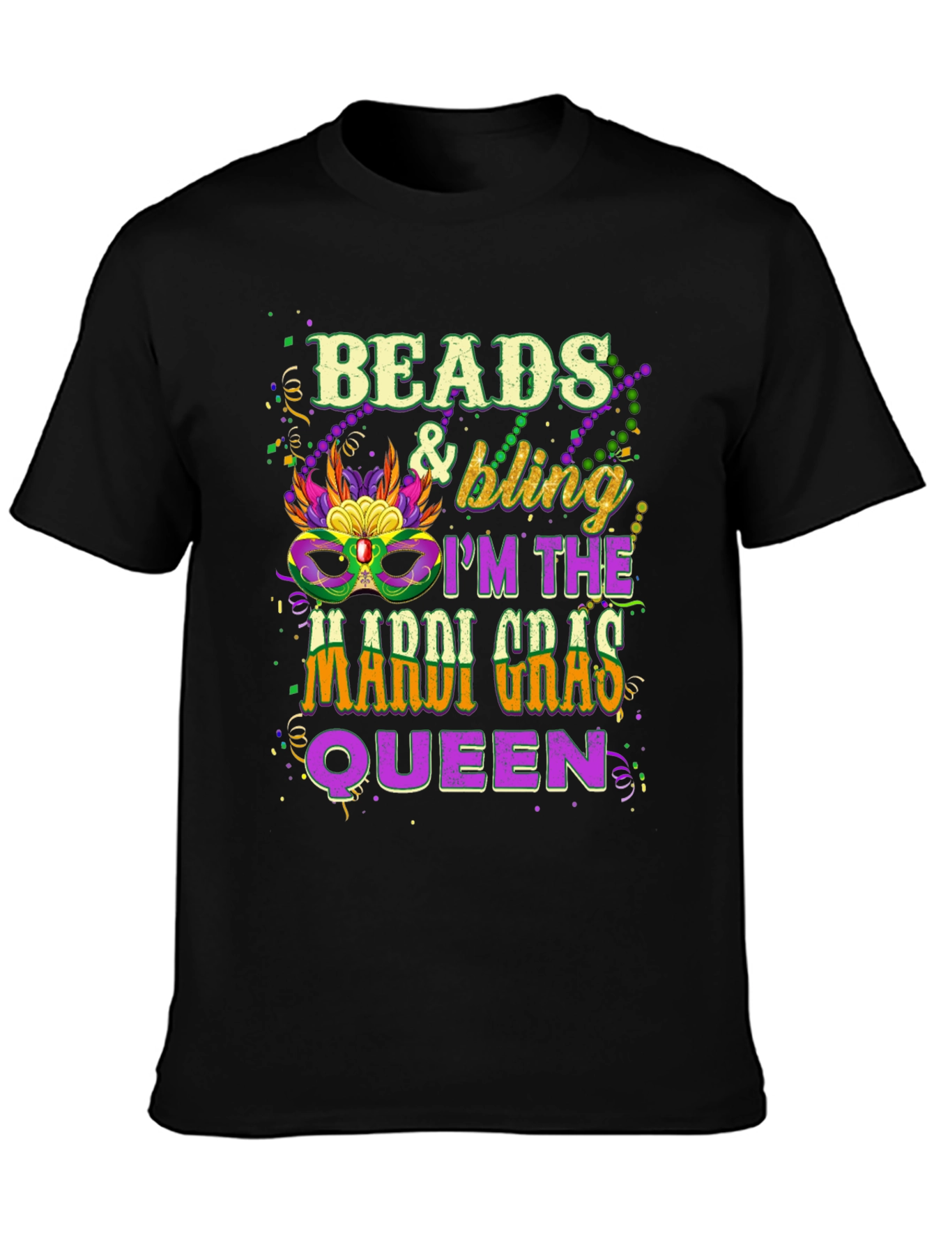 Beads & Bling Mardi Gras Queen Black T-Shirt