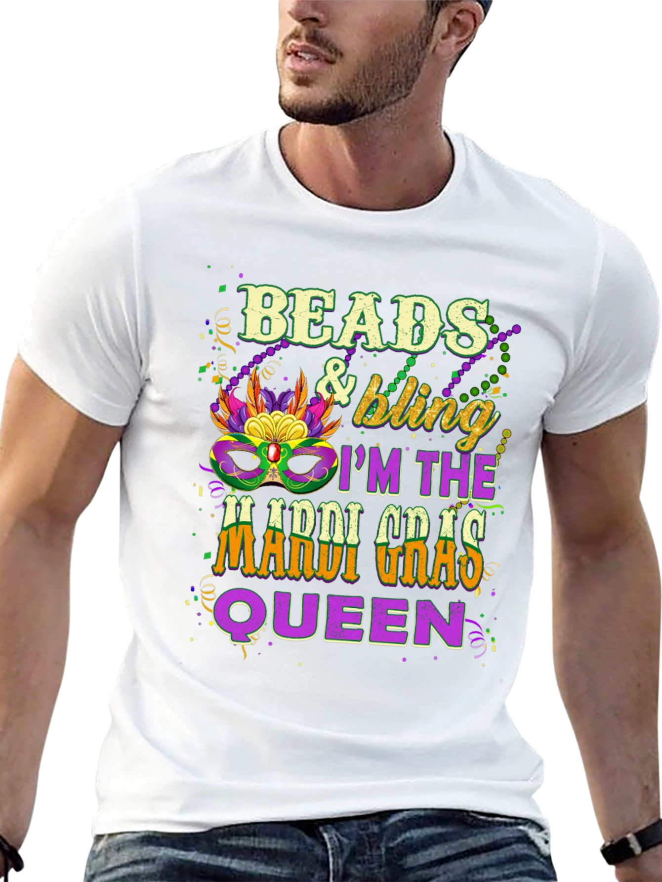 Beads & Bling Mardi Gras Queen Black T-Shirt