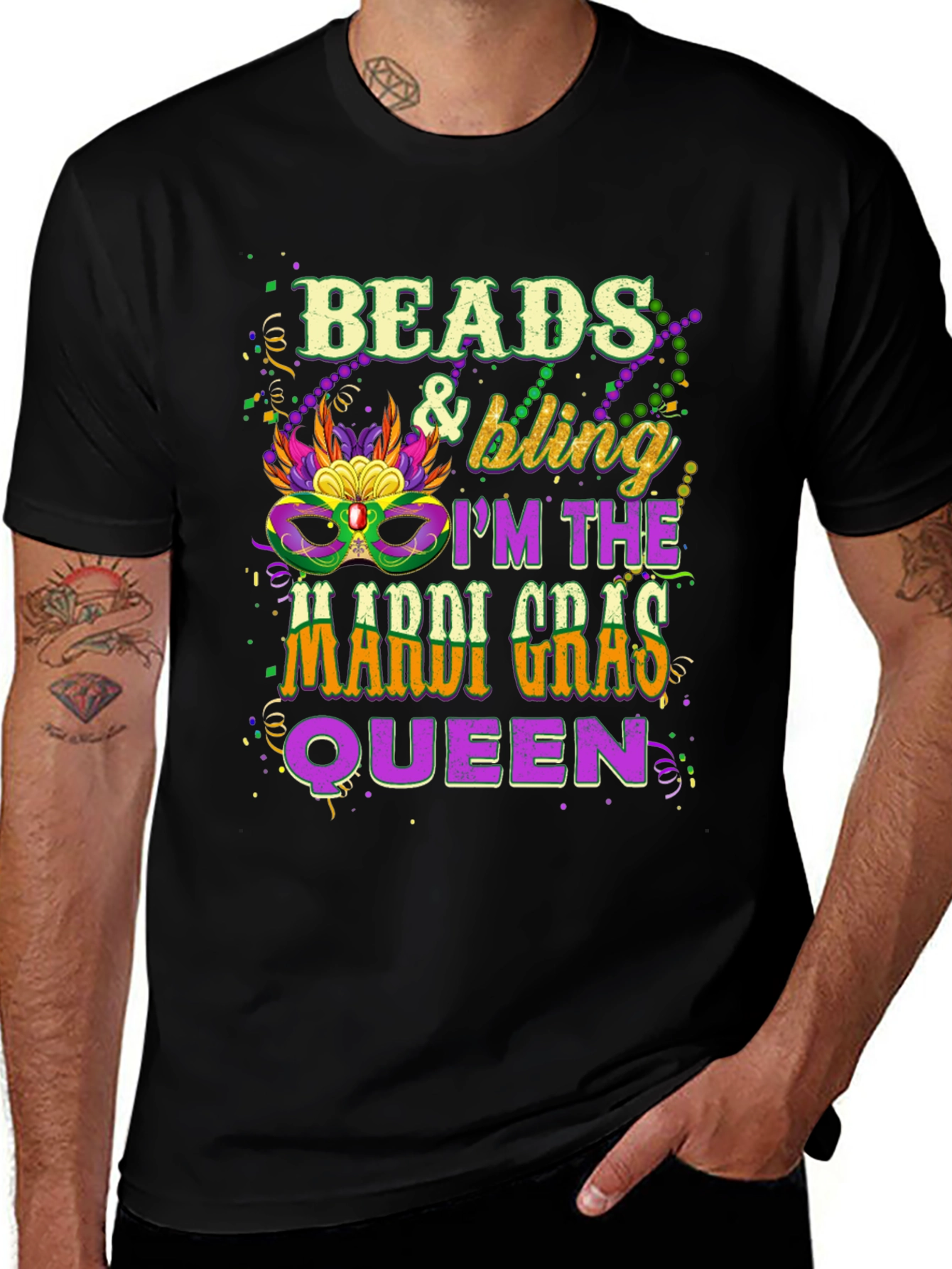 Beads & Bling Mardi Gras Queen Black T-Shirt