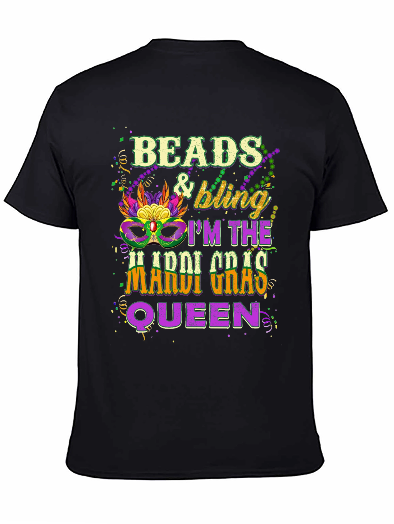 Beads & Bling Mardi Gras Queen Black T-Shirt