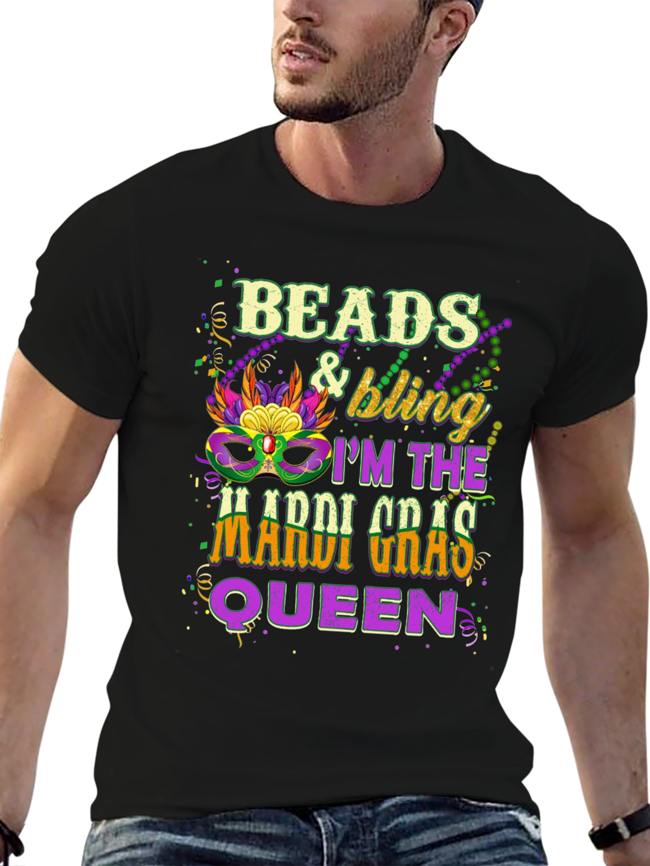 Beads & Bling Mardi Gras Queen Black T-Shirt