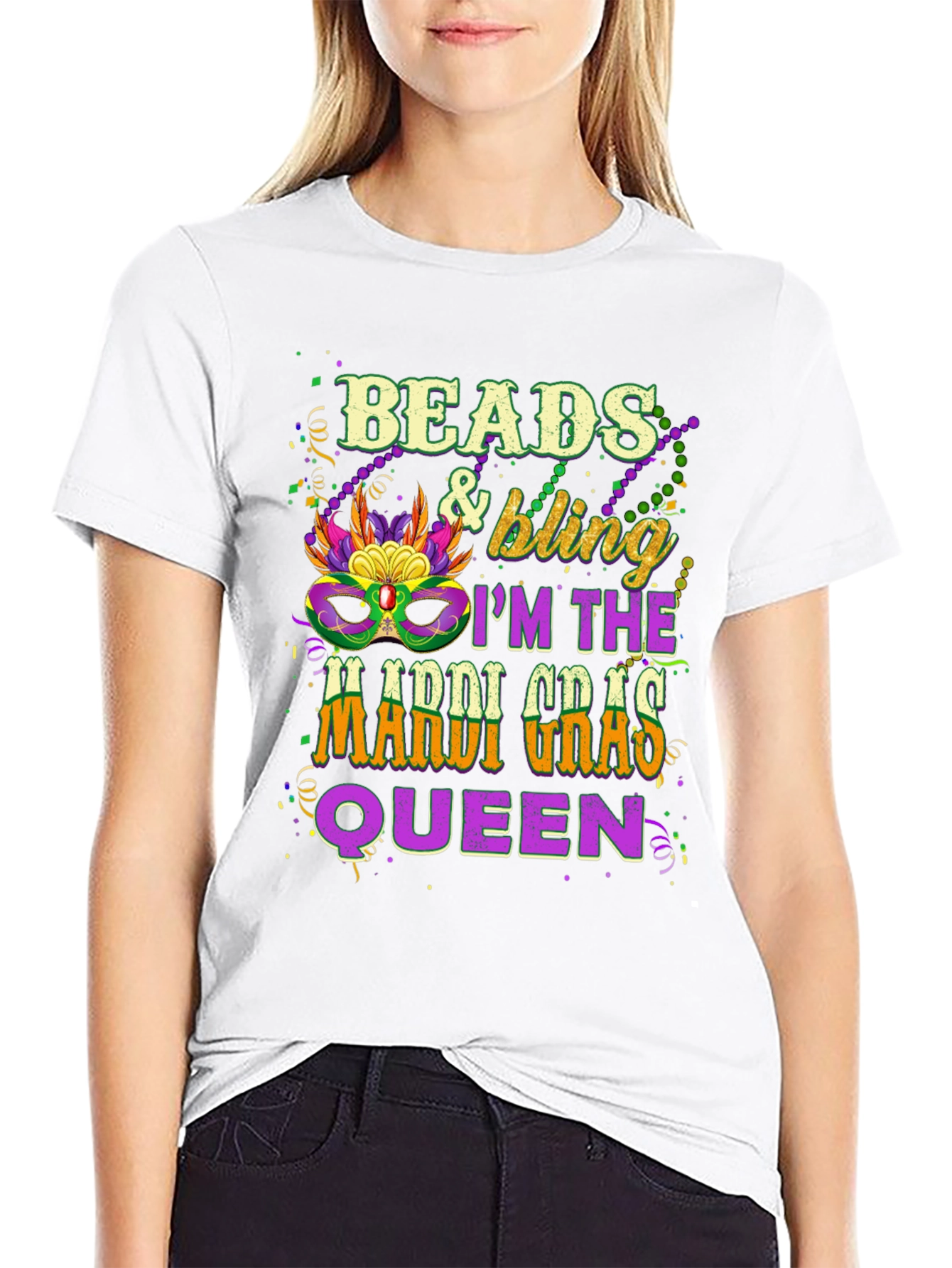 Beads & Bling Mardi Gras Queen Black T-Shirt