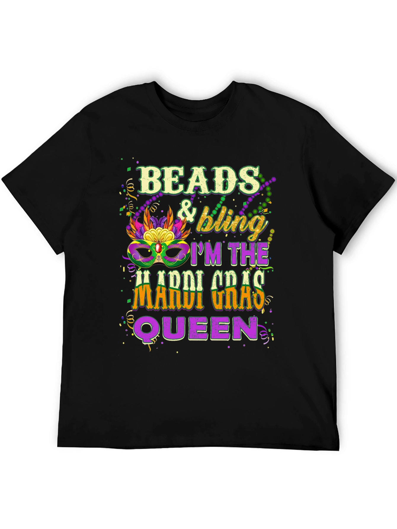 Beads & Bling Mardi Gras Queen Black T-Shirt