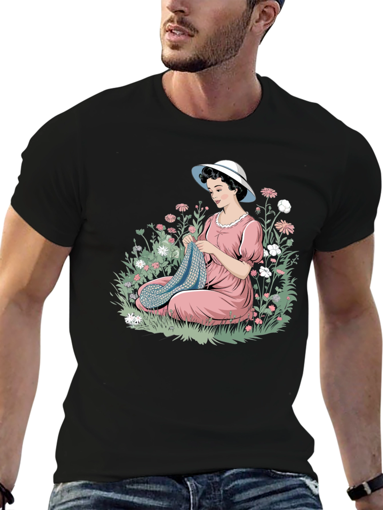 Knitting Lady Black T-Shirt