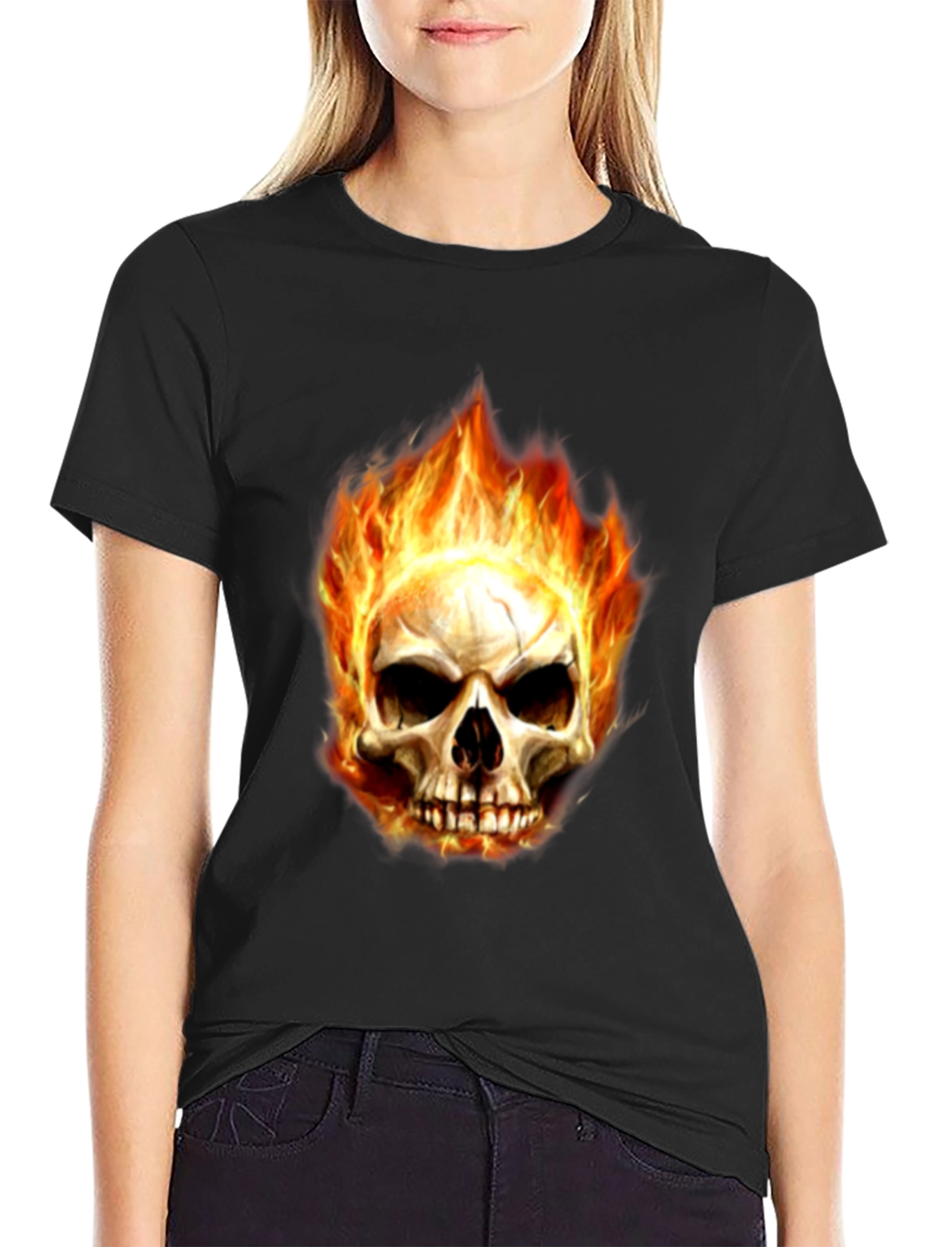 Mens Black Skull Fire Graphic T-Shirt