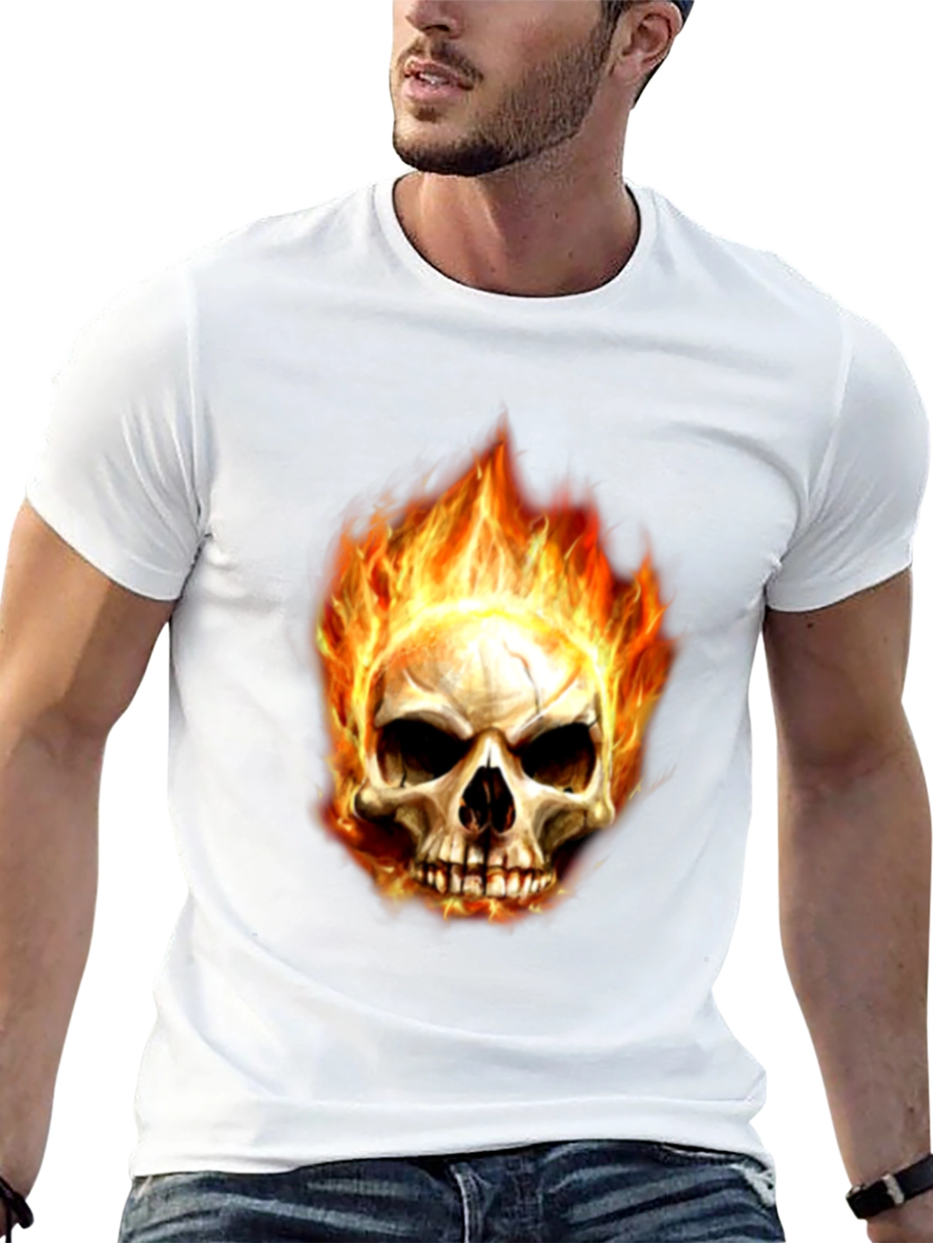 Mens Black Skull Fire Graphic T-Shirt