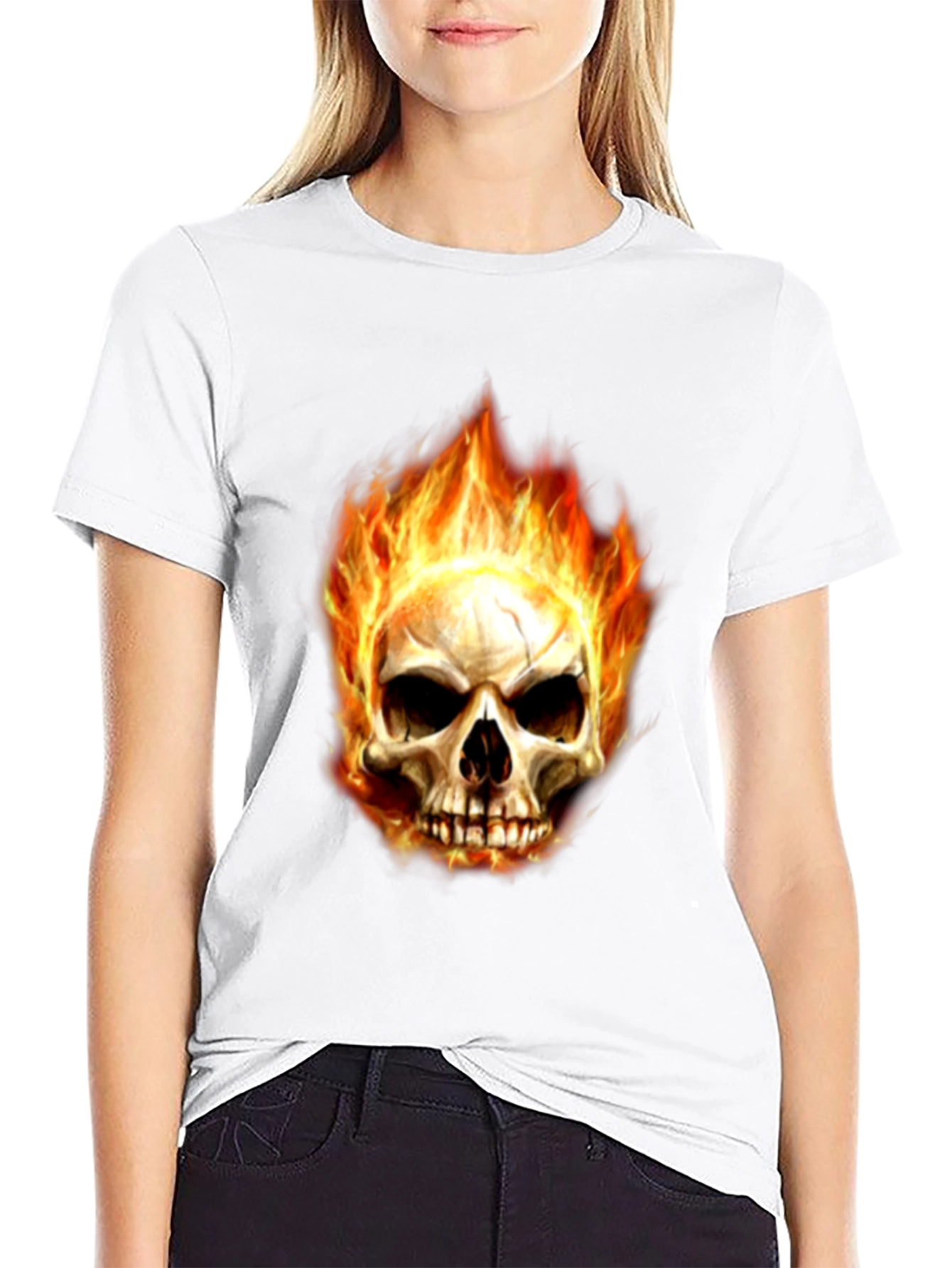 Mens Black Skull Fire Graphic T-Shirt