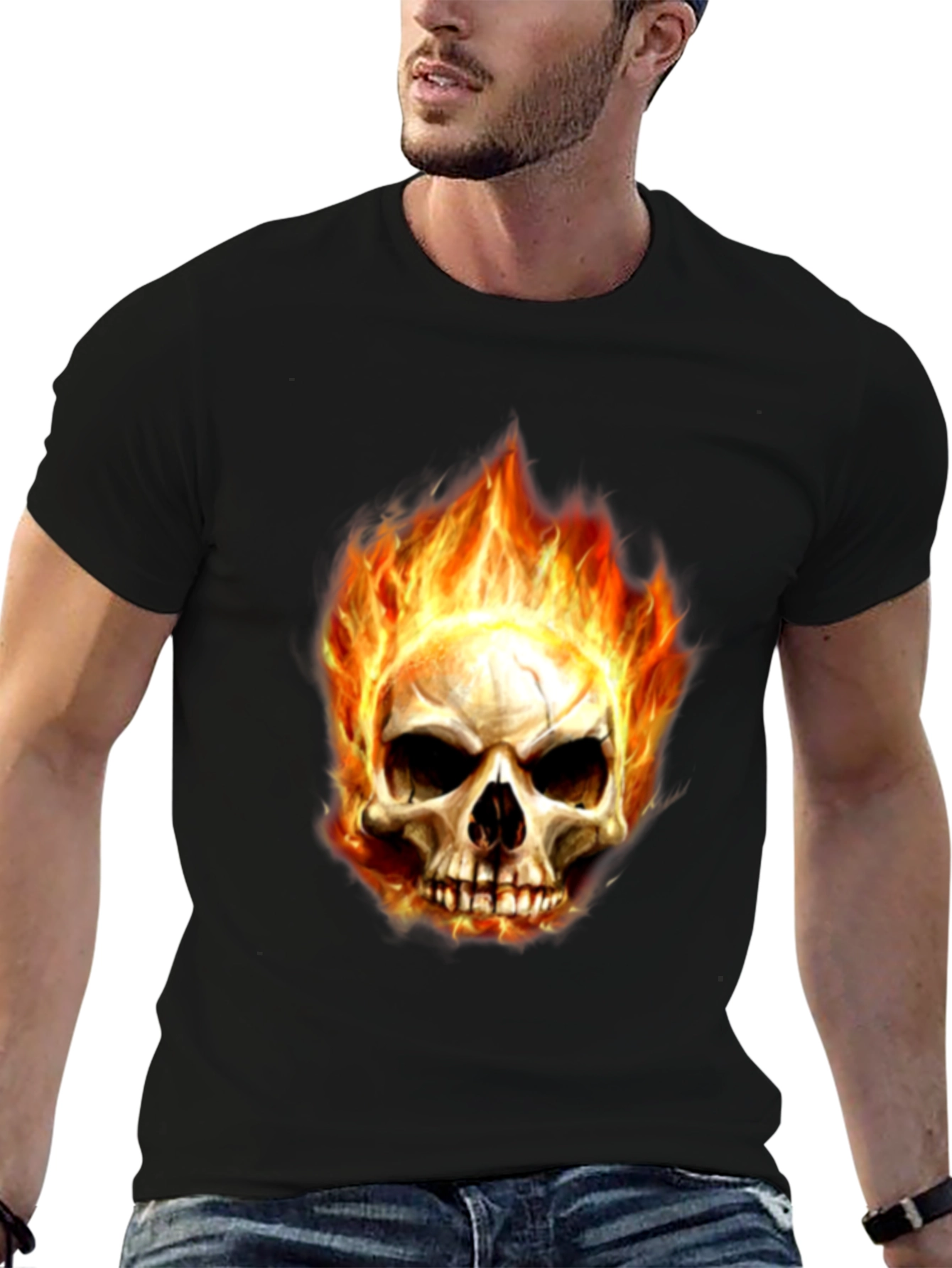 Mens Black Skull Fire Graphic T-Shirt