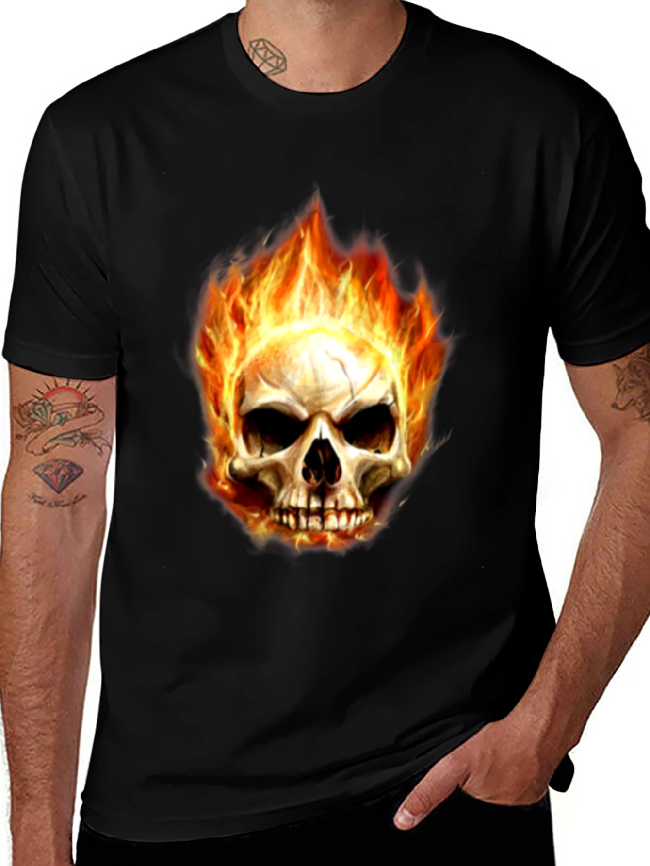 Mens Black Skull Fire Graphic T-Shirt