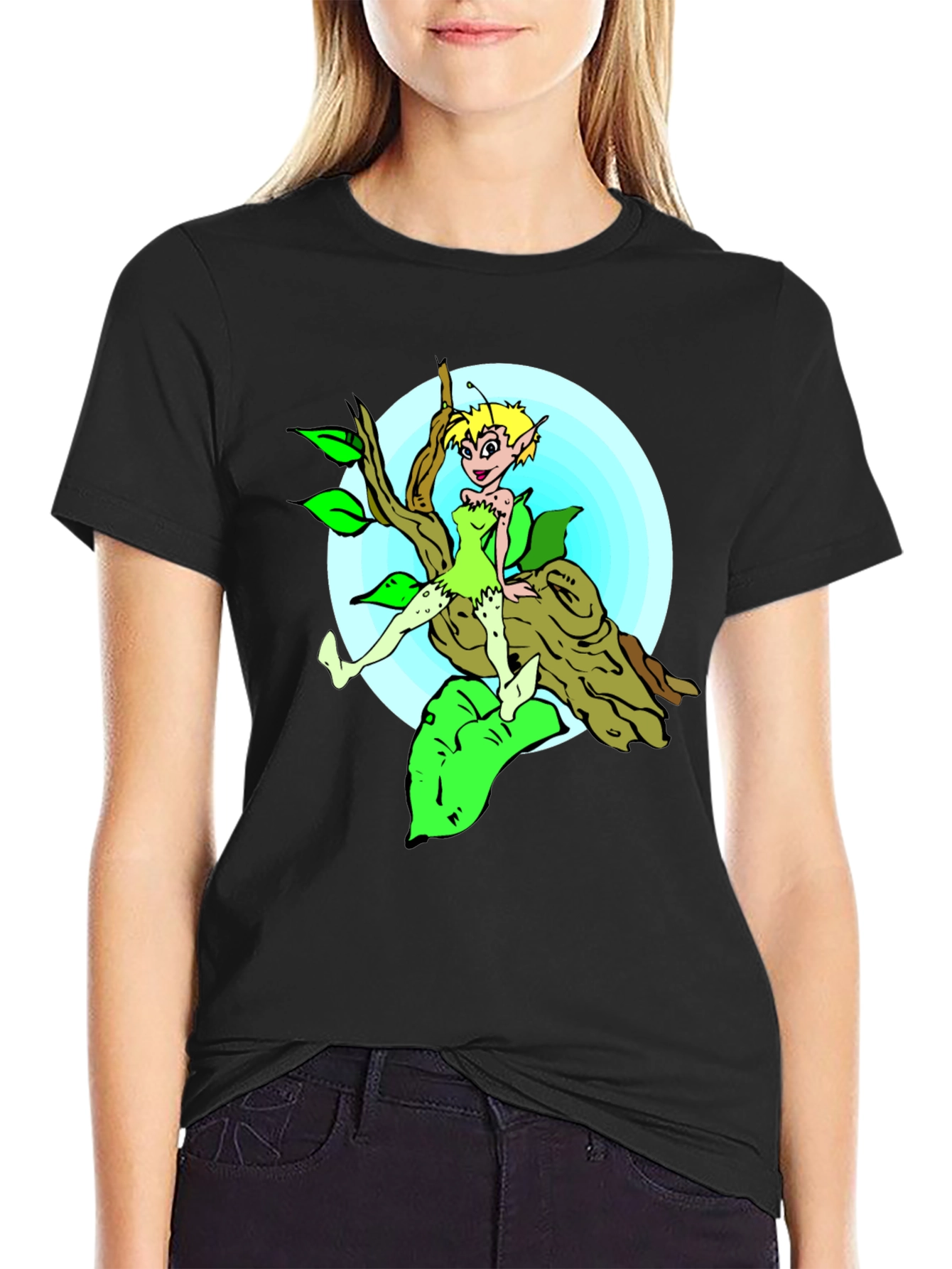 Cartoon Fairy Graphic Tee - Black