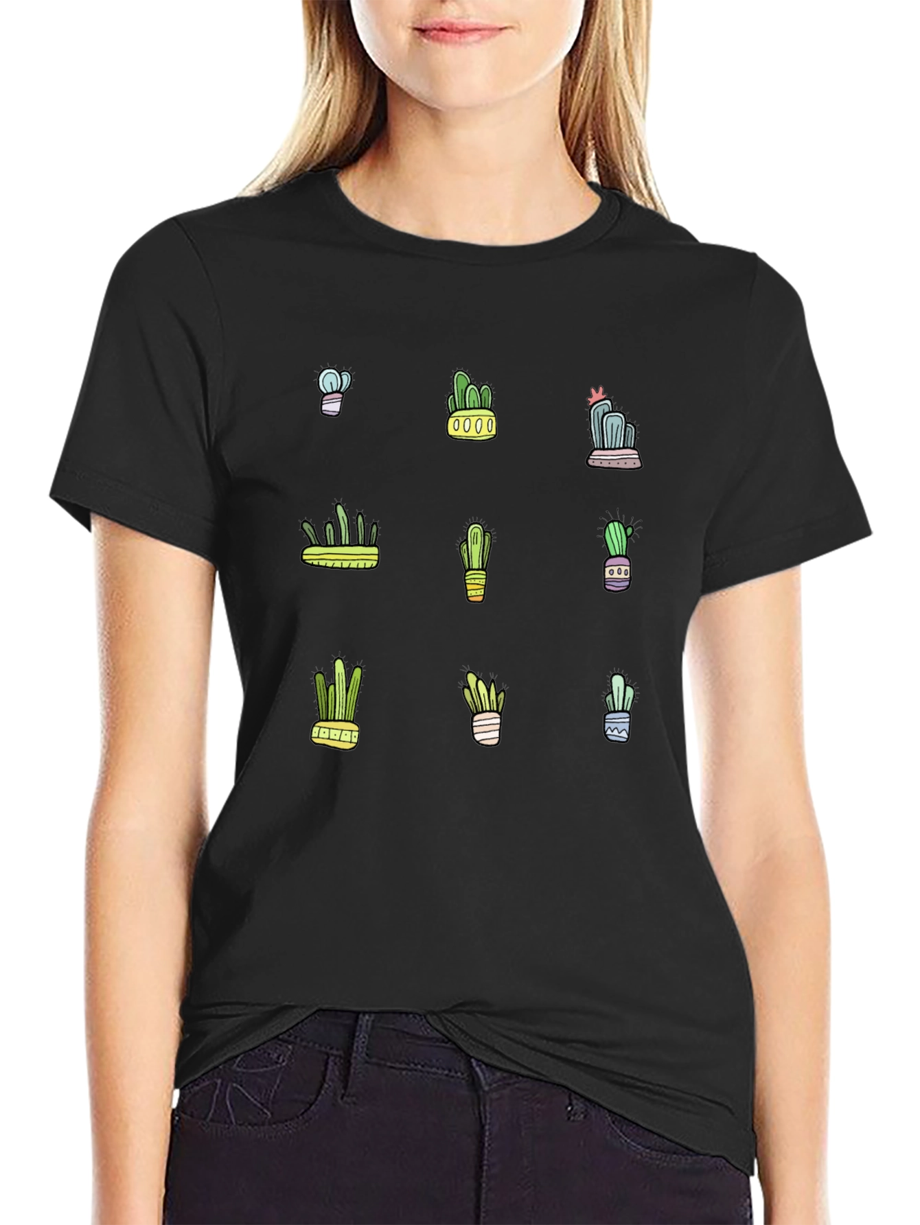 Cactus Print Black T-Shirt - Trendy Botanical Design