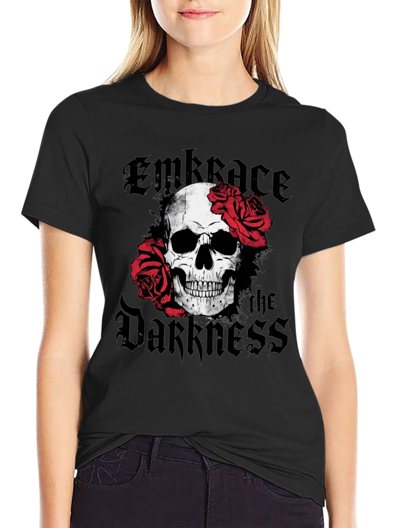 Embrace the Darkness Skull & Roses Graphic T-Shirt