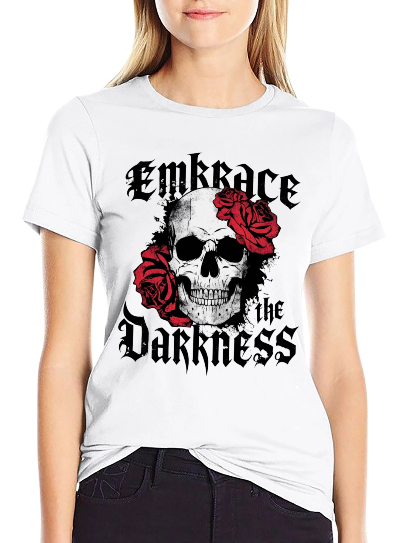 Embrace the Darkness Skull & Roses Graphic T-Shirt
