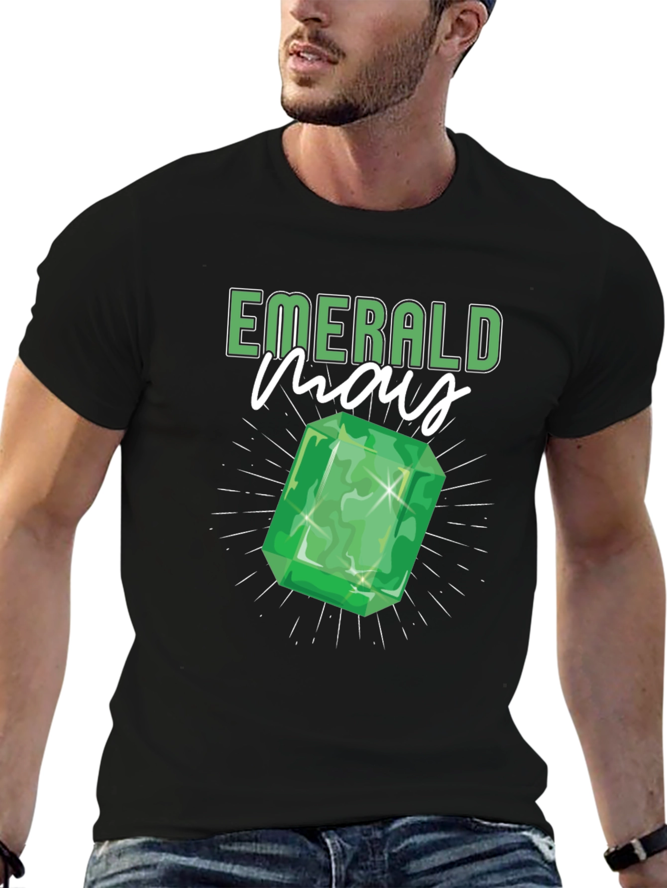 Emerald May Birthday Gem T-Shirt - Black
