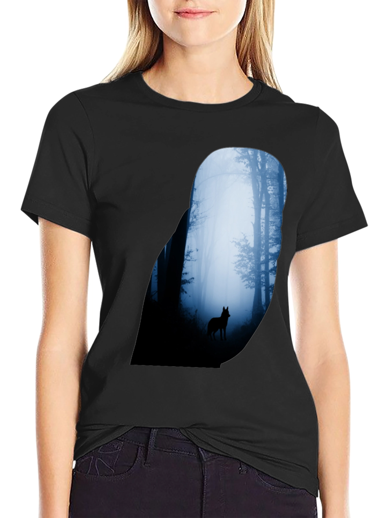 Wolf Silhouette Forest Graphic Tee - Black