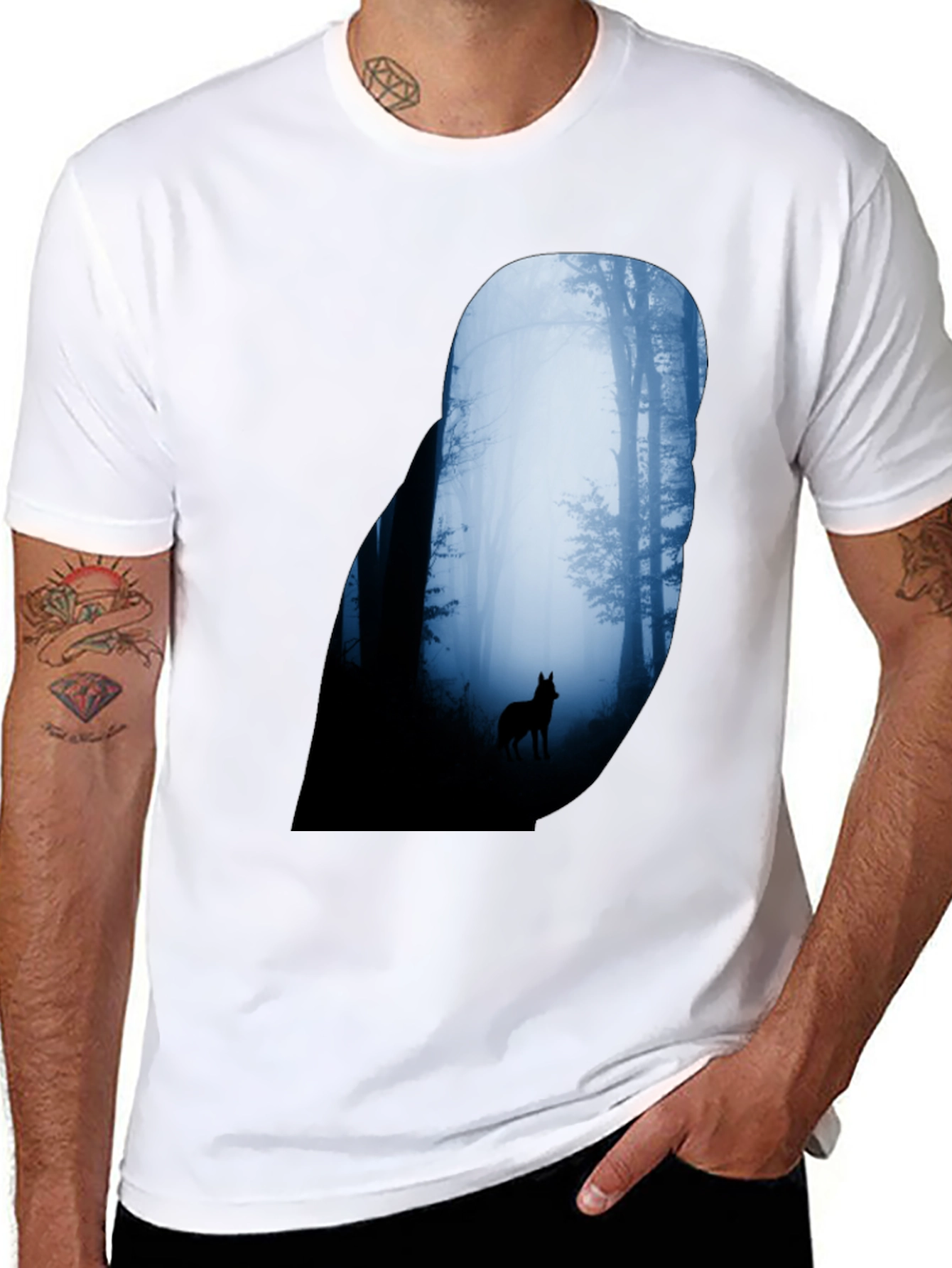 Wolf Silhouette Forest Graphic Tee - Black