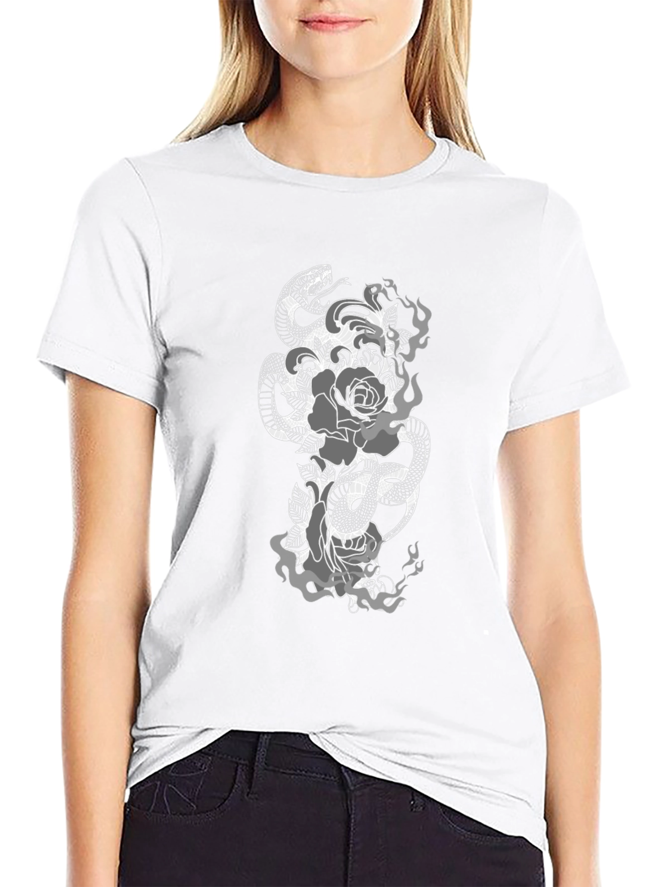 Snake & Roses Graphic Tee - Black Casual Fit