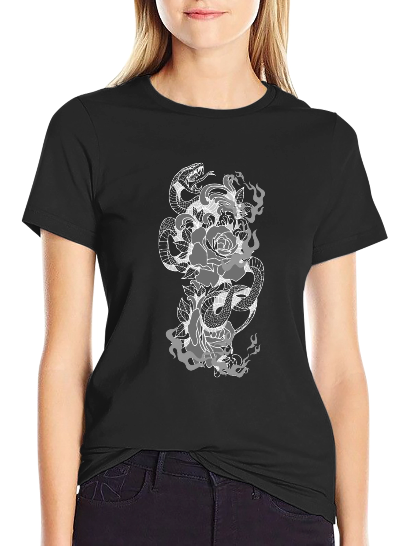 Snake & Roses Graphic Tee - Black Casual Fit