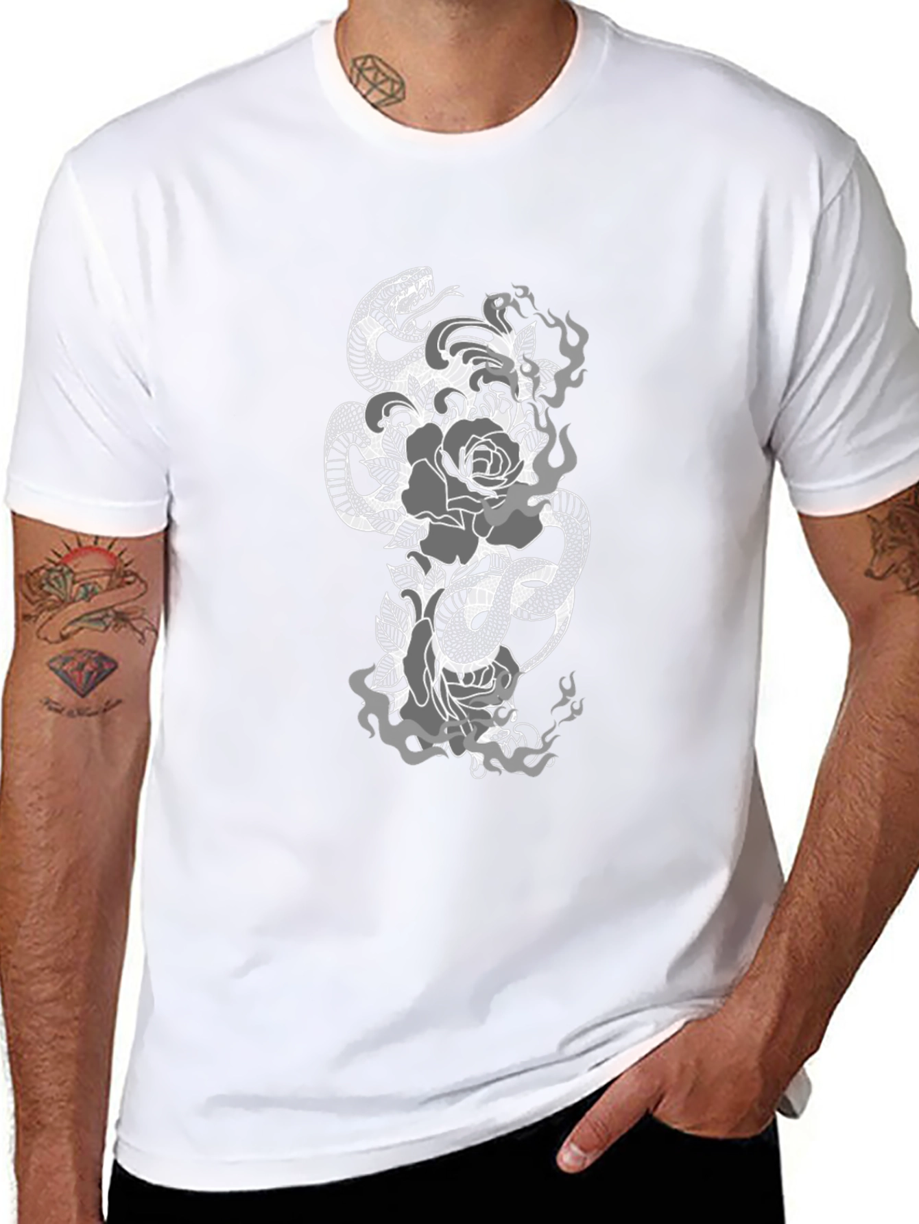 Snake & Roses Graphic Tee - Black Casual Fit